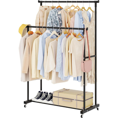 Porte-manteau mobile avec double étagère – support télescopique sur pied pour vêtements, cintres et rangement de chambre